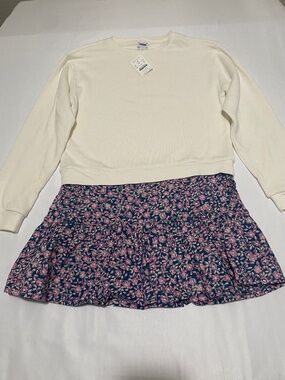 NWT Crewcuts Girls Size 10 Mixed Media Sweatshirt Dress Floral Tiered Ruffle